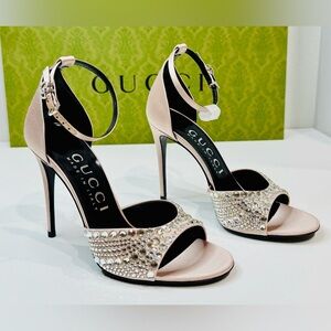 Gucci GG Crystal Embellished Rhinestones Heels Pink Satin Sandals Size 37.5